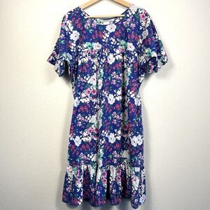 CW Classics House Dress Mumu Womens Large Blue Floral Ruffle Hem Cottagecore